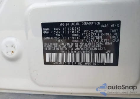 2017 Subaru Outback 2.5I Limited z USA, uszkodzony, nr VIN 4S4BSAKC0H3408276